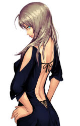 Rule 34 | 1girl, ahoge, aqua eyes, back, backless dress, backless outfit, bare back, blonde hair, dress, from behind, hands on own hips, lips, long hair, looking back, mustard seeds, no bra, original, profile, simple background, solo, white background, yuuji (and)