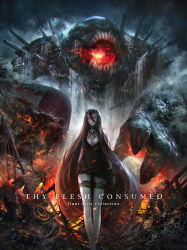 Rule 34 | 10s, 1girl, abyssal ship, arms at sides, bacius, battleship princess, black dress, black hair, breasts, burning, cleavage, closed mouth, copyright name, cover, cover page, creature, detached collar, dress, english text, fire, frilled legwear, giant, glowing, glowing eyes, hair between eyes, horns, jewelry, kantai collection, long hair, looking at viewer, microdress, motion blur, necklace, net, night, night sky, open mouth, pale skin, plasma, red eyes, ruins, ship, short dress, skin-covered horns, sky, sleeveless, sleeveless dress, solo, star (sky), steam, steaming body, turret, vambraces, very long hair, walking, water, watercraft, wrench