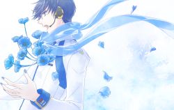 Rule 34 | 1boy, blonde hair, blue eyes, blue flower, blue nails, coat, flower, from side, hand up, headphones, headset, highres, kaito (vocaloid), male focus, nail polish, open mouth, petals, seki (kreuz4360), solo, upper body, vocaloid, white coat