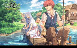 Rule 34 | 1boy, 1girl, adol christin, ancient ys vanished, blue eyes, blue hair, boots, bucket, building, cloud, copyright name, day, dress, enami katsumi, falcom, feena (ys), fish, fishing, fishing rod, grass, grey eyes, highres, holding, house, long hair, official art, official wallpaper, outdoors, red hair, scenery, shirt, sitting, sky, tree, water, well, ys