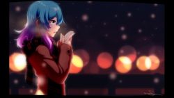 Rule 34 | 1girl, black sclera, blue eyes, blue hair, blurry, blurry background, blush, bokeh, brown coat, coat, colored sclera, commentary request, depth of field, dev (dev0614), gradient hair, hair between eyes, hands up, long sleeves, multicolored hair, original, parted lips, profile, purple hair, railing, scarf, signature, sleeves past wrists, solo, striped clothes, striped scarf, upper body, vertical-striped clothes, vertical-striped scarf, winter