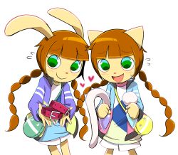 Rule 34 | 2girls, animal ears, braid, brown hair, butt plug, butt plug tail, cat ears, collar, dildo, fake tail, furry, furry female, green eyes, heart, highres, holding, holding collar, holding sex toy, looking at viewer, mimi (pop&#039;n music), multiple girls, nyami (pop&#039;n music), open mouth, pestil, pop&#039;n music, rabbit ears, sex toy, shirt, shorts, smile, standing, tail, twin braids, white background