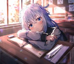Rule 34 | 1girl, absurdres, blue eyes, cheek press, classroom, closed mouth, crossed arms, desk, dfd, elbow rest, elbows on table, hair between eyes, head rest, hibiki (kancolle), highres, indoors, kantai collection, long hair, looking to the side, silver hair, sitting