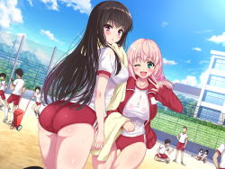 Rule 34 | 4girls, ass, black hair, blast (lyricbox), blush, breasts, building, buruma, cloud, day, dutch angle, eyebrows, from behind, grass, green eyes, gym uniform, hair between eyes, hair ribbon, happy, jacket, large breasts, legs, long hair, long sleeves, lyricbox, medium breasts, mountain, multiple boys, multiple girls, one eye closed, open clothes, open jacket, open mouth, original, outdoors, parted lips, pink eyes, pink hair, ribbon, running, sideboob, sitting, sky, smile, standing, thigh gap, thighs, twintails, v, wet, wet clothes, wink