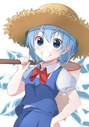 Rule 34 | 1girl, absurdres, arm up, blue eyes, blue hair, butterfly net, cirno, hand net, hand on own hip, hat, highres, holding, ice, ice wings, looking at viewer, namagaki-san, smile, solo, straw hat, touhou, white background, wings
