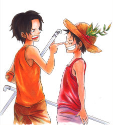 Rule 34 | 2boys, bad id, bad pixiv id, bandaid, black hair, blouse, east blue, closed eyes, freckles, grin, hat, lead pipe, male focus, monkey d. luffy, multiple boys, one piece, open mouth, portgas d. ace, scar, shirt, short hair, shorts, sleeveless, sleeveless shirt, smile, straw hat, tank top, traditional media, tsuyomaru, aged down