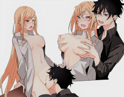 Rule 34 | 1boy, 1girl, bar censor, black hair, black thighhighs, black vest, blonde hair, blush, breasts, brother and sister, censored, commentary request, cropped torso, cunnilingus, doromame, grabbing, grabbing another&#039;s breast, grabbing from behind, grey background, grey eyes, grey shirt, hetero, incest, large breasts, leaning back, long hair, naked shirt, nakiri asahi, nakiri erina, navel, nipples, open clothes, open mouth, open shirt, oral, shirt, shokugeki no souma, short hair, siblings, simple background, striped clothes, striped shirt, sweat, thighhighs, vest