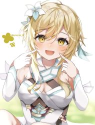 Rule 34 | 1girl, bare shoulders, blonde hair, blush, bonono, breasts, cleavage, dress, feather hair ornament, feathers, flower, genshin impact, hair between eyes, hair flower, hair ornament, looking at viewer, lumine (genshin impact), open mouth, solo, white dress, yellow eyes