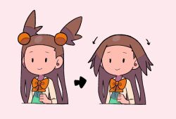 Rule 34 | 1girl, arrow (symbol), before and after, black eyes, bow, bowtie, brown hair, cardigan, closed mouth, creatures (company), dress, game freak, green dress, hair bobbles, hair down, hair flaps, hair ornament, jasmine (pokemon), long hair, multiple views, nintendo, orange bow, orange bowtie, pokemon, pokemon hgss, smile, solid oval eyes, two side up, tyako 089