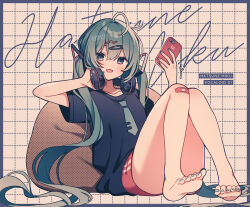 Rule 34 | 1girl, :3, alternate costume, amagi hana, bandaid, bandaid on knee, bandaid on leg, bare legs, barefoot, bean bag chair, blue shorts, border, cellphone, character name, commentary request, green eyes, green hair, grid background, hair ornament, hairclip, hatsune miku, headphones, highres, holding, holding phone, long hair, looking at viewer, nail polish, necktie print, open mouth, phone, red shorts, short sleeves, shorts, smile, solo, toenail polish, toenails, twintails, very long hair, vocaloid