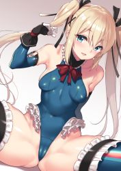 Rule 34 | 1girl, bare shoulders, black ribbon, blonde hair, blue eyes, blue leotard, blue one-piece swimsuit, blue sleeves, blue thighhighs, blush, breasts, cameltoe, cleft of venus, covered navel, dead or alive, dead or alive 5, detached sleeves, frilled leotard, frilled thighhighs, frills, fuya (tempupupu), gradient background, hair between eyes, hair ornament, hair ribbon, highleg, highleg leotard, leotard, long hair, looking at viewer, marie rose, one-piece swimsuit, parted lips, ribbon, simple background, small breasts, smile, solo, spread legs, swimsuit, thighhighs, twintails, x hair ornament