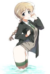 Rule 34 | 1girl, ahoge, arched back, ass, blue eyes, blush, braid, breasts, brown hair, commentary request, green necktie, hatakenaka (kamagabuchi), highres, horizontal-striped legwear, jacket, long hair, long sleeves, looking at viewer, lynette bishop, necktie, no pants, open mouth, panties, partially submerged, simple background, single braid, solo, standing, strike witches, striped clothes, striped thighhighs, sweater vest, thighhighs, underwear, wading, water, white background, white panties, world witches series
