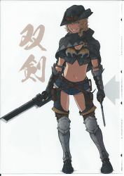 Rule 34 | 1girl, absurdres, armor, armored boots, artbook, blonde hair, boots, breasts, cleavage, denim, denim shorts, dual wielding, full body, gauntlets, grin, hat, highres, holding, holding sword, holding weapon, imizu (nitro unknown), kirisame marisa, midriff, monster hunter (series), navel, poncho, scan, scan artifacts, sharp teeth, short shorts, shorts, smile, solo, standing, sword, teeth, touhou, tricorne, weapon, wroggi (armor)