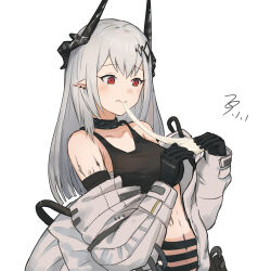 Rule 34 | 1girl, arknights, bare shoulders, black gloves, black horns, black sports bra, closed mouth, ear piercing, food, gloves, grey hair, grey jacket, hands up, highres, holding, holding food, horns, infection monitor (arknights), jacket, long hair, long sleeves, looking down, material growth, mudrock (arknights), mudrock (elite ii) (arknights), off shoulder, open clothes, open jacket, oripathy lesion (arknights), orlijiang, piercing, pointy ears, red eyes, simple background, solo, sports bra, upper body, wavy mouth, white background