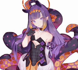 Rule 34 | 1girl, eyes visible through hair, halo, highres, holding, hololive, hololive english, linea alba, low wings, ninomae ina&#039;nis, ninomae ina&#039;nis (1st costume), pointy ears, purple eyes, purple hair, simple background, softmode, tentacle hair, tentacles, virtual youtuber, white background, wings