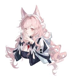 Rule 34 | 1girl, animal ear fluff, animal ears, arknights, black dress, blush, breath, capelet, cropped torso, dress, earmuffs, fingernails, hair between eyes, highres, long hair, long sleeves, looking at viewer, nail polish, official alternate costume, own hands together, parted lips, pink eyes, pink hair, pink nails, pozyomka (arknights), pozyomka (snowy plains in words) (arknights), shieryue164, simple background, solo, steepled fingers, upper body, very long hair, white background, white capelet, wolf ears, wolf girl