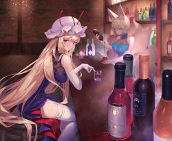 Rule 34 | 2girls, alternate costume, amano hagoromo, animal ear fluff, animal ears, bar (place), bare shoulders, blonde hair, blue dress, bottle, breasts, commentary request, cup, dress, drinking glass, feet out of frame, fox ears, from side, garter straps, gloves, hair between eyes, hat, hat ribbon, highres, holding, holding bottle, indoors, lace, lace-trimmed legwear, lace trim, long hair, looking at viewer, medium breasts, mob cap, multiple girls, no headwear, parted lips, purple dress, purple eyes, red ribbon, ribbon, see-through, thighhighs, thighs, touhou, very long hair, white gloves, white headwear, white legwear, wooden floor, yakumo ran, yakumo yukari