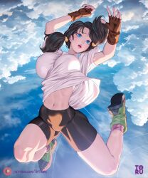 Rule 34 | 1girl, arms up, arttoru, bike shorts, black footwear, black hair, black shorts, blue sky, boots, breasts, brown gloves, cloud, dragon ball, dragonball z, fingerless gloves, gloves, green footwear, highres, large breasts, lips, looking at viewer, low twintails, navel, open mouth, pink socks, shirt, short sleeves, short twintails, shorts, sky, socks, solo, twintails, two-tone footwear, videl, white shirt