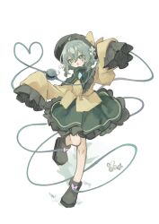 Rule 34 | 1girl, black footwear, black hat, bow, commentary request, crossed bangs, flower, frilled skirt, frills, full body, green eyes, green hair, green skirt, hair flower, hair ornament, hat, hat bow, heart, highres, komeiji koishi, long sleeves, looking at viewer, open mouth, sabatuki, short hair, simple background, skirt, solo, touhou, white background, yellow bow