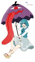 Rule 34 | 1girl, absurdres, bare legs, blue eyes, blue hair, blue skirt, blue vest, commentary request, derivative work, full body, geta, heterochromia, highres, holding, holding umbrella, juliet sleeves, karakasa obake, korean commentary, kuya (hey36253625), long sleeves, looking at viewer, no socks, open mouth, puffy sleeves, purple umbrella, red eyes, shirt, short hair, simple background, skirt, tatara kogasa, teeth, toes, tongue, touhou, translation request, umbrella, undefined fantastic object, upper teeth only, vest, white background, white shirt
