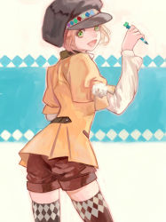 Rule 34 | 1girl, 3838383, argyle, argyle clothes, argyle legwear, bad id, bad pixiv id, black hat, brown hair, cabbie hat, green eyes, hat, leia rolando, pencil, shorts, solo, tales of (series), tales of xillia, tales of xillia 2, thighhighs