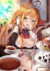 Rule 34 | armor, arms up, blonde hair, blurry, blurry background, blush, breasts, cake, cleavage, cream, crown, cup, dress, food, frilled dress, frills, fruit, glass table, gloves, highres, large breasts, medium breasts, mirror, mirror image, onigiri, open mouth, pecorine (princess connect!), princess connect!, rumiko (rmeco), sandwich, skirt, smile, table, tea, teacup, tree