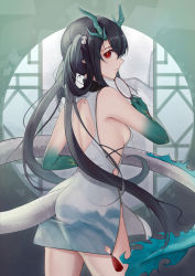 Rule 34 | 1girl, alternate costume, alternate hairstyle, arknights, ass, bare shoulders, black hair, breasts, cellphone, china dress, chinese clothes, closed mouth, clothing cutout, colored skin, cowboy shot, dragon girl, dragon horns, dragon tail, dress, dusk (arknights), from behind, gradient skin, green hair, green skin, hair rings, highres, holding, horns, looking at viewer, looking back, multicolored hair, nekonomi, phone, pointy ears, red eyes, round window, side slit, sideboob, sleeveless, sleeveless dress, smartphone, smile, solo, streaked hair, tail, tail through clothes, tassel, two-tone hair, white dress, window