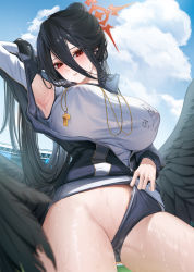 Rule 34 | 1girl, arm behind head, armpits, black hair, black wings, blue archive, blush, breasts, buruma, buruma aside, clothing aside, cloud, cowboy shot, day, feathered wings, hair between eyes, halo, hasumi (blue archive), hasumi (track) (blue archive), highres, huge breasts, jacket, lichiko, long hair, long sleeves, low wings, official alternate costume, open clothes, open jacket, outdoors, parted lips, partially unzipped, ponytail, red eyes, shirt, solo, standing, sweat, thighs, very long hair, whistle, whistle around neck, white shirt, wings
