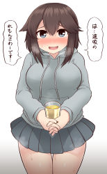 Rule 34 | 1girl, alternate costume, blue eyes, blue skirt, blush, breasts, brown hair, cup, gradient background, hair between eyes, hayasui (kancolle), highres, holding, holding cup, hood, hoodie, jacket, kantai collection, large breasts, long sleeves, open mouth, pleated skirt, short hair, sidelocks, simoyuki, simple background, skirt, solo, speech bubble, suggestive fluid, sweat, tears, translation request