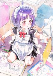 Rule 34 | 1girl, ahoge, apron, black dress, blush, bow, child, child&#039;s drawing, collared dress, commentary request, dress, gomennasai, holding, indoors, maid, maid apron, maid headdress, messy room, no shoes, original, outstretched arm, puffy short sleeves, puffy sleeves, purple hair, red bow, red eyes, short sleeves, sitting, smile, socks, solo, teeth, translation request, upper teeth only, wariza, white socks, wooden floor