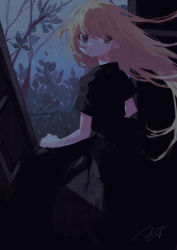 Rule 34 | 1girl, black dress, branch, brown eyes, closed mouth, commentary request, dress, floating hair, from behind, highres, leaf, long hair, looking at viewer, looking back, orange hair, original, potg (piotegu), rain, signature, solo, window
