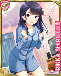 Rule 34 | 1girl, bare legs, barefoot, bed, bedroom, black hair, blue shirt, bottomless, breasts, card (medium), character name, cleavage, girlfriend (kari), braid, indoors, medium hair, official art, open mouth, pajamas, purple eyes, qp:flapper, shirouzu rikka, shirt, small breasts, smile, solo, standing, tagme, television, uneven bangs, window