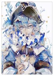 Rule 34 | androgynous, armband, bad id, bad twitter id, black hat, black ribbon, blue eyes, blue hair, blue nails, blue theme, border, check copyright, collar, copyright request, eyeball, facial mark, flower, frilled collar, frills, hand up, hat, holding, holding skull, long sleeves, looking afar, muyihui, nail polish, neck ribbon, original, plant, ribbon, rounded corners, short hair, sideways glance, simple background, skull, solo, upper body, vines, white background