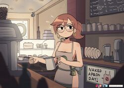 Rule 34 | 1girl, apron, black eyes, bottle, brown hair, burger, cafe, camera, coffee maker, earrings, english text, food, glasses, highres, hoop earrings, jewelry, julie powers, keetydraws, money, muffin, naked apron, plate, ponytail, scott pilgrim (series), scott pilgrim takes off, security camera, short hair, solo