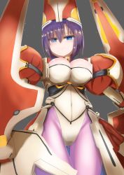 Rule 34 | 1girl, amputee, angry, blue eyes, bodysuit, breasts, cleavage, female focus, hat, highres, kyoukaisenjou no horizon, large breasts, looking at viewer, mechanical arms, purple hair, purple legwear, solo, tachibana gin, tem+, thigh gap
