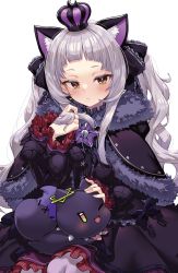 Rule 34 | 1girl, animal, animal ear fluff, animal ears, animal on lap, blush, brown eyes, capelet, cat ears, closed mouth, crown, dress, extra ears, frilled ribbon, frilled sleeves, frills, fur-trimmed capelet, fur trim, grey hair, hair ribbon, hand up, highres, hololive, ivan wang, long hair, long sleeves, looking at viewer, mini crown, murasaki shion, murasaki shion (gothic lolita), on lap, petting, purple capelet, purple dress, purple ribbon, ribbon, shiokko (murasaki shion), simple background, solo, virtual youtuber, white background