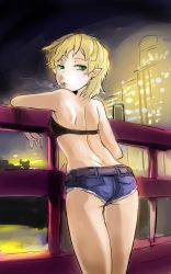 Rule 34 | 1girl, alternate costume, arm up, ass, bare back, bare shoulders, belt, black bra, blonde hair, blue shorts, bra, building, cigarette, city lights, cutoffs, earrings, expressionless, green eyes, highres, jewelry, legs together, mizuhashi parsee, mouth hold, night, night sky, outdoors, pointy ears, railing, short hair, short shorts, shorts, sinzan, sky, smoke, smoking, solo, standing, thigh gap, touhou, underwear