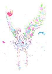 Rule 34 | 1girl, absurdres, barefoot, closed eyes, commentary request, dress, flower, flower wings, full body, grey hair, hair ribbon, highres, key (kagibangou), long hair, original, petals, ponytail, ribbon, ripples, sketch, skirt hold, smile, solo, water, white background, white dress, wings