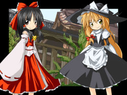 Rule 34 | 2girls, apron, architecture, ascot, black hair, black hat, black skirt, black vest, blonde hair, blush, border, bow, closed mouth, detached sleeves, east asian architecture, eyebrows, female focus, hair bow, hair tubes, hakurei reimu, hat, hat bow, kirisame marisa, long hair, multiple girls, neki-t, puffy short sleeves, puffy sleeves, red bow, red eyes, red ribbon, red skirt, ribbon, ribbon-trimmed sleeves, ribbon trim, sash, shirt, short sleeves, skirt, skirt set, sleeves past wrists, smile, touhou, tree, vest, waist apron, white apron, white bow, white shirt, wide sleeves, witch hat, yellow eyes