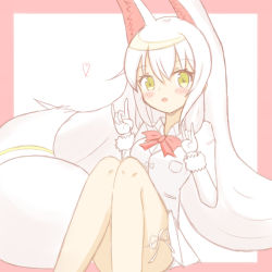 Rule 34 | 1girl, animal ears, blonde hair, blush, bow, collared shirt, commentary request, double fox shadow puppet, dress shirt, feet out of frame, fox ears, fox girl, fox shadow puppet, fox tail, fur-trimmed sleeves, fur trim, gloves, green eyes, hair between eyes, hands up, heart, highres, jacket, kemono friends, knees together feet apart, knees up, long hair, long sleeves, oinari-sama (kemono friends), parted lips, pink background, pleated skirt, red bow, shirt, skirt, solo, sunanuko (ramuneko), tail, two-tone background, very long hair, white background, white gloves, white hair, white jacket, white shirt, white skirt