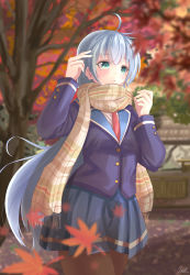 Rule 34 | 1girl, ahoge, blazer, blue skirt, blurry, blurry background, blurry foreground, brown pantyhose, brown scarf, commentary request, day, depth of field, fringe trim, green eyes, jacket, long hair, necktie, original, outdoors, pantyhose, plaid, plaid scarf, pleated skirt, purple jacket, red necktie, scarf, school uniform, shirt, silver hair, skirt, solo, tree, very long hair, white shirt, yumibakama meme