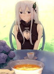 Rule 34 | 1girl, bare shoulders, black dress, blush, breasts, butterfly hair ornament, cleavage, cleavage cutout, closed mouth, clothing cutout, colored eyelashes, commentary, cup, dress, echidna (re:zero), flower, grass, hair between eyes, hair ornament, highres, kimoshi, long hair, looking at viewer, medium breasts, outdoors, pov, pov hands, purple flower, re:zero kara hajimeru isekai seikatsu, rose, silver hair, sleeveless, sleeveless dress, smile, solo focus, sweat, table, tea, teacup