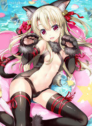 Rule 34 | 1girl, animal ears, animal hands, black gloves, black leotard, black thighhighs, blush, breasts, cat ears, cat tail, commentary request, dangeroes beast (illya), elbow gloves, fake animal ears, fate/grand order, fate/kaleid liner prisma illya, fate (series), fujima takuya, fur trim, gloves, hair between eyes, illyasviel von einzbern, innertube, leotard, long hair, looking at viewer, lying, md5 mismatch, navel, official alternate costume, on back, open mouth, paw gloves, red eyes, resolution mismatch, shiny skin, small breasts, solo, source smaller, swim ring, tail, thighhighs, water, white hair