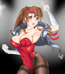 Rule 34 | 1024x768 (artist), 1990s (style), 1girl, absurdres, arm up, armband, armpits, breakers, breasts, brown hair, cleavage, close-up, covered erect nipples, female focus, fighting stance, headband, highres, leotard, lips, looking at viewer, muay thai, muscular, navel, nipples, open mouth, pantyhose, ponytail, retro artstyle, shoes, sneakers, socks, solo, spotlight, thigh gap, tia langray, v pose, wrist wrap
