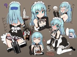 Rule 34 | 1boy, 1girl, alice gear aegis, apron, aqua eyes, black gloves, black panties, blue hair, blush, bottle, breasts, cake, choker, commentary request, doyouwantto, eating, elbow gloves, food, gloves, headdress, ice, looking at viewer, maid, maid apron, ochanomizu mirie, open mouth, panties, ribbon, signature, simple background, small breasts, spill, translation request, underwear, waitress, water