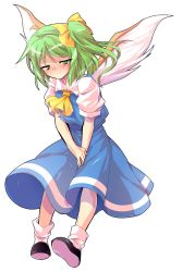 Rule 34 | 1girl, alphes (style), ascot, blue dress, blush, dairi, daiyousei, dress, full body, green eyes, green hair, looking at viewer, matching hair/eyes, parody, short hair, side ponytail, smile, solo, style parody, touhou, transparent background, wings