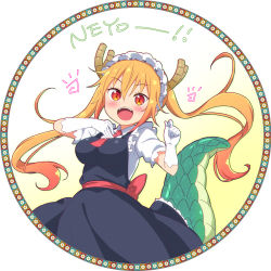 Rule 34 | 1girl, :d, black dress, blonde hair, blush, bow, breasts, brown hair, collared shirt, commentary request, dragon girl, dragon horns, dragon tail, dress, elbow gloves, fangs, gloves, gradient background, gradient hair, hair between eyes, hands up, horns, jigatei (omijin), kobayashi-san chi no maidragon, large tail, long hair, looking at viewer, medium breasts, multicolored hair, open mouth, puffy short sleeves, puffy sleeves, red bow, red eyes, red neckwear, romaji text, shirt, short sleeves, sleeveless, sleeveless dress, slit pupils, smile, solo, tail, teeth, tohru (maidragon), translation request, twintails, upper teeth only, very long hair, white background, white gloves, white shirt, yellow background