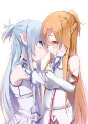 Rule 34 | 10s, 2girls, asuna (sao), asuna (sao-alo), blue eyes, blue hair, brown eyes, brown hair, detached sleeves, dual persona, hand on another&#039;s face, long hair, multiple girls, pointy ears, ponytail, selfcest, smile, sword art online, youda (ksuy ooo)