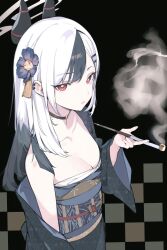 Rule 34 | 1girl, amemmmmeme, asymmetrical bangs, black choker, black hair, black kimono, blue archive, breasts, choker, cleavage, demon horns, earclip, flower, hair flower, hair ornament, halo, highres, holding, holding smoking pipe, horns, japanese clothes, kayoko (blue archive), kayoko (new year) (blue archive), kimono, kinchaku, long hair, looking at viewer, mole, mole on neck, multicolored hair, obi, off shoulder, official alternate costume, pouch, red eyes, sash, small breasts, smoke, smoking pipe, solo, swept bangs, two-tone hair, white hair
