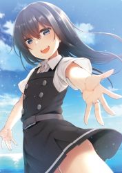 Rule 34 | 1girl, asashio (kancolle), belt, black belt, black hair, blue eyes, blue sky, buttons, cloud, collared shirt, day, dress, dress shirt, flat chest, hair between eyes, jewelry, kantai collection, long hair, looking at viewer, nagami yuu, no legwear, ocean, open mouth, outdoors, outstretched arms, pinafore dress, ring, school uniform, shirt, short sleeves, sky, sleeveless, sleeveless dress, smile, solo, wedding band, white shirt